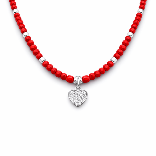 Collier perles femme LIGHT MY FIRE – perles en pierre fine de corail bambou facettées & pendentif cœur pavé de zircons façon diamant en argent 925 – bijoux fait main en argent 925 | Pitch & Néo