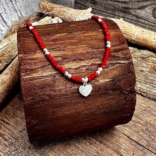 Collier perles femme LIGHT MY FIRE – perles en pierre fine de corail bambou facettées & pendentif cœur pavé de zircons façon diamant en argent 925 – bijoux fait main en argent 925 | Pitch & Néo