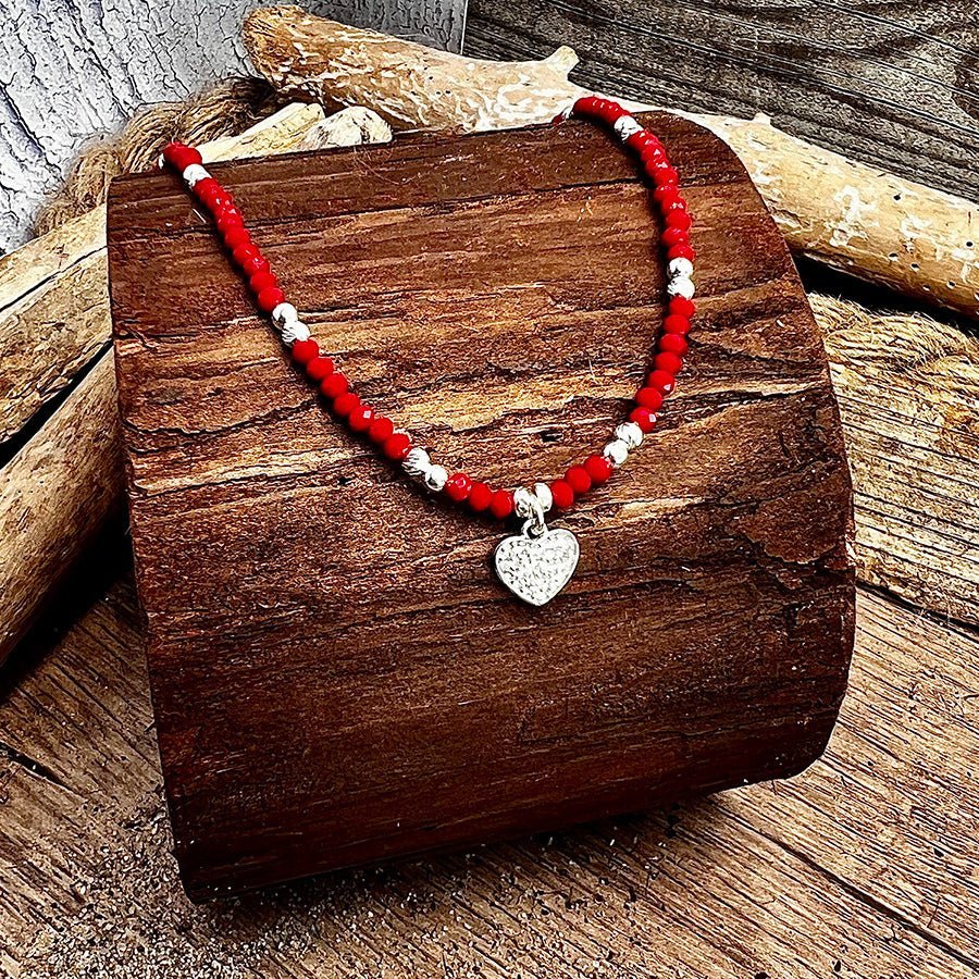 Collier perles femme LIGHT MY FIRE – perles en pierre fine de corail bambou facettées & pendentif cœur pavé de zircons façon diamant en argent 925 – bijoux fait main en argent 925 | Pitch & Néo