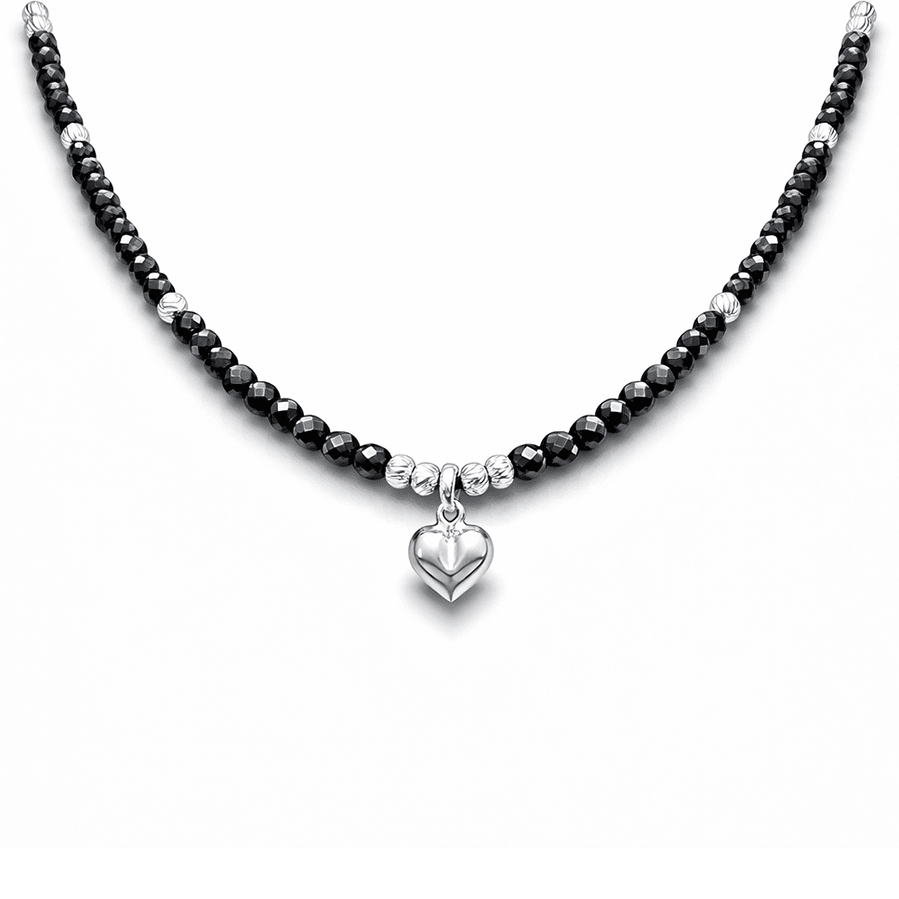 Collier perles femme LIQUORICE & LIES – perles de spinelle noir, & pendentif cœur bombé miroir en argent 925 – bijoux fait main en argent 925 | Pitch & Néo