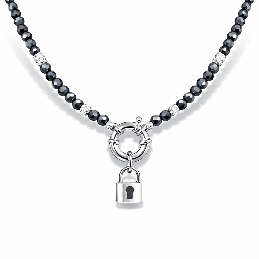 Collier perles femme LOCKED IN LUST – perles de térahertz facettées, & fermoir bouée et cadenas et argent 925 – bijoux fait main en argent 925 | Pitch & Néo