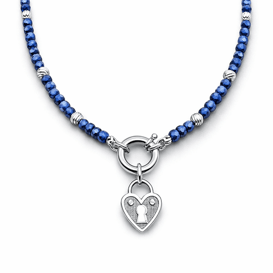 Collier perles femme LOCKED WITH NO KISS – perles de saphir naturel facettées & pendentif cadenas cœur, fermoir bouée et argent 925 – bijoux fait main en argent 925 | Pitch & Néo