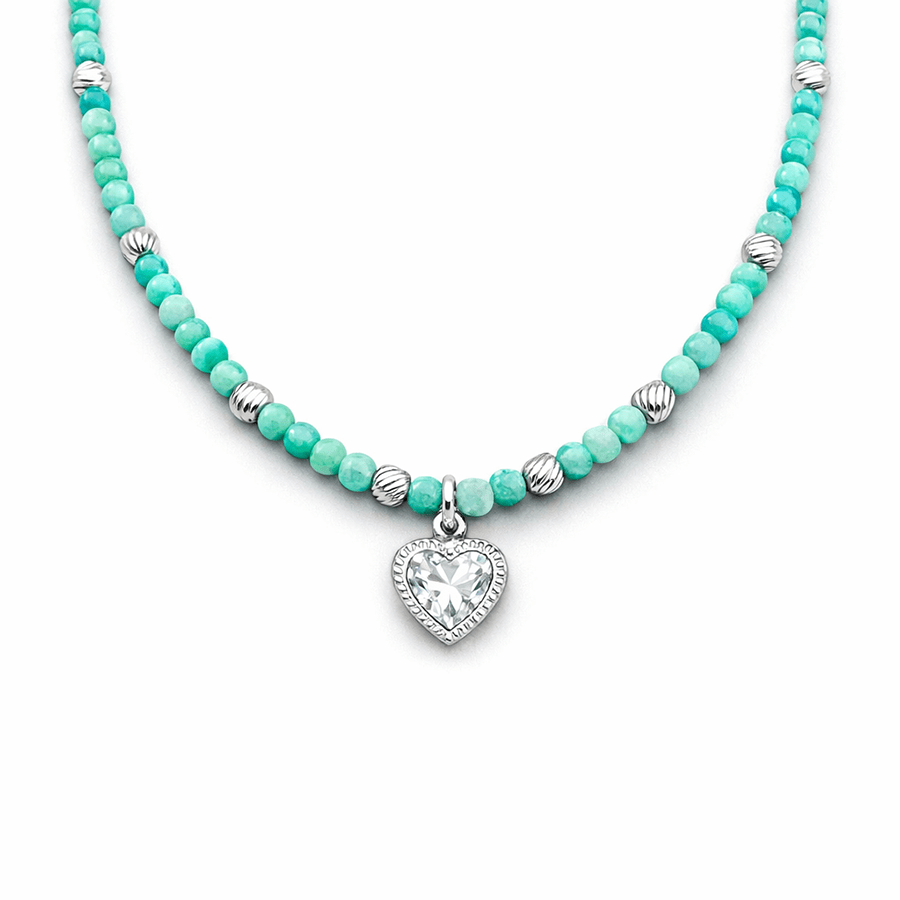 Collier perles femme LUCK ME, LOVE ME – perles d’émeraude facettées & pendentif cœur zircon halo façon diamant et argent 925 – bijoux fait main en argent 925 | Pitch & Néo
