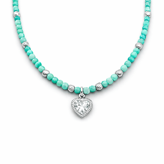 Collier perles femme LUCK ME, LOVE ME – perles d’émeraude facettées & pendentif cœur zircon halo façon diamant et argent 925 – bijoux fait main en argent 925 | Pitch & Néo