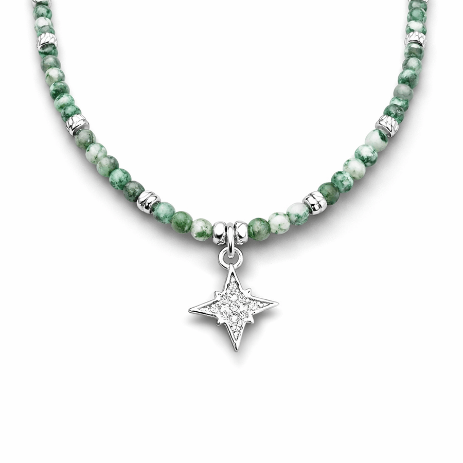 Collier perles femme LUST NORTH – perles d’émeraude facettées & pendentif étoile polaire serti d’un zircon losange et argent 925 – bijoux fait main en argent 925 | Pitch & Néo