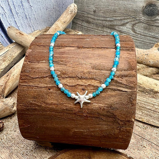 Collier perles femme MAKE WAVES, BABY – perles d’apatite facettées, & pendentif étoile de mer oversize en argent 925 – bijoux fait main en argent 925 | Pitch & Néo