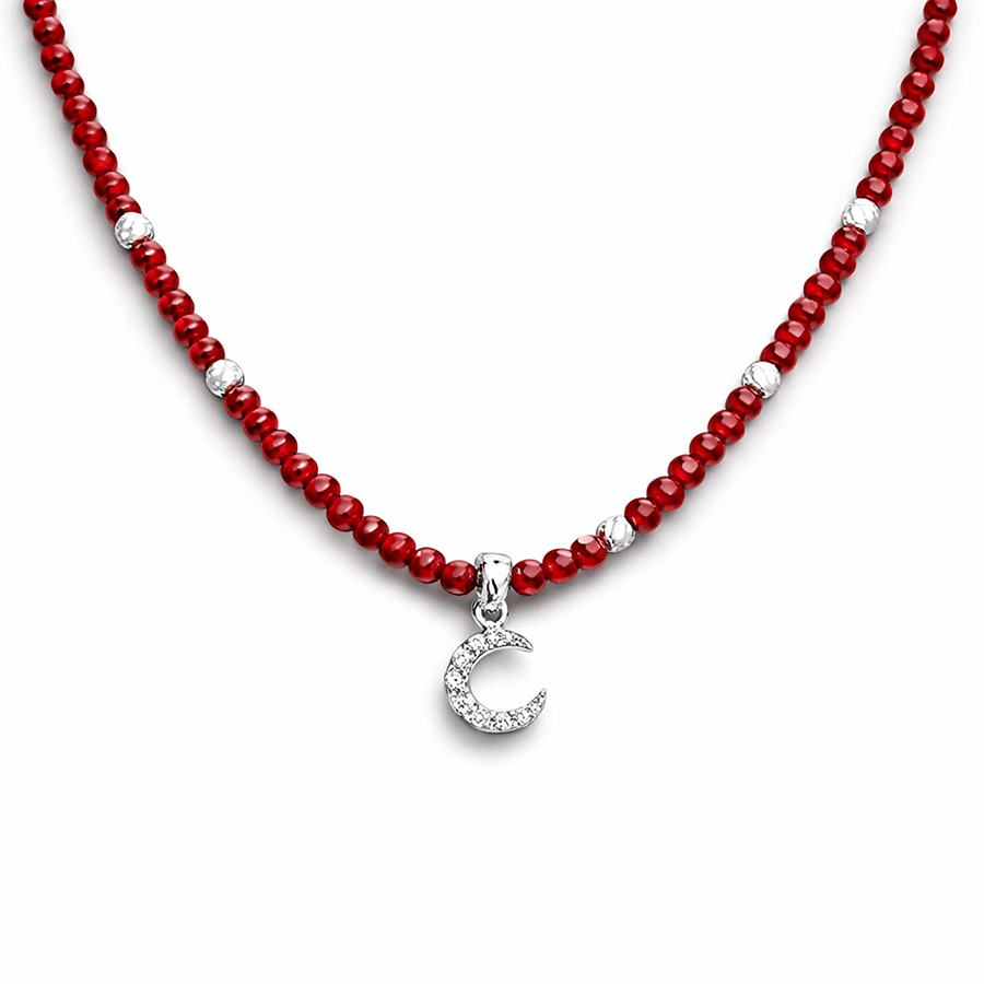 Collier perles femme MOON IS A LOVER – perles de corail bambou, pendentif lune zircons et argent 925 – bijoux fait main en argent 925 | Pitch & Néo