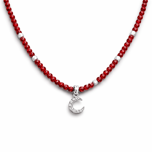 Collier perles femme MOON IS A LOVER – perles de corail bambou, pendentif lune zircons et argent 925 – bijoux fait main en argent 925 | Pitch & Néo