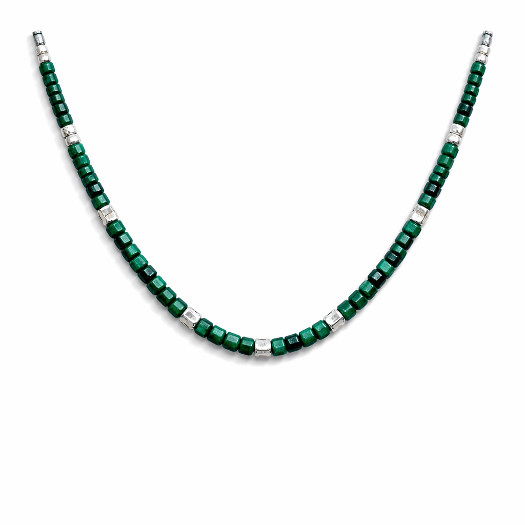 Collier perles femme NAMASTE & SLAP – perles carrées en pierre fine de malachite & perles carrées facettées en argent 925 – bijoux fait main en argent 925 | Pitch & Néo