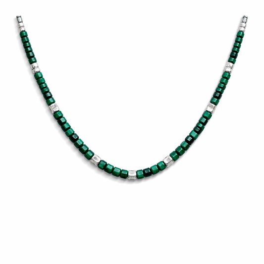 Collier perles femme NAMASTE & SLAP – perles carrées en pierre fine de malachite & perles carrées facettées en argent 925 – bijoux fait main en argent 925 | Pitch & Néo