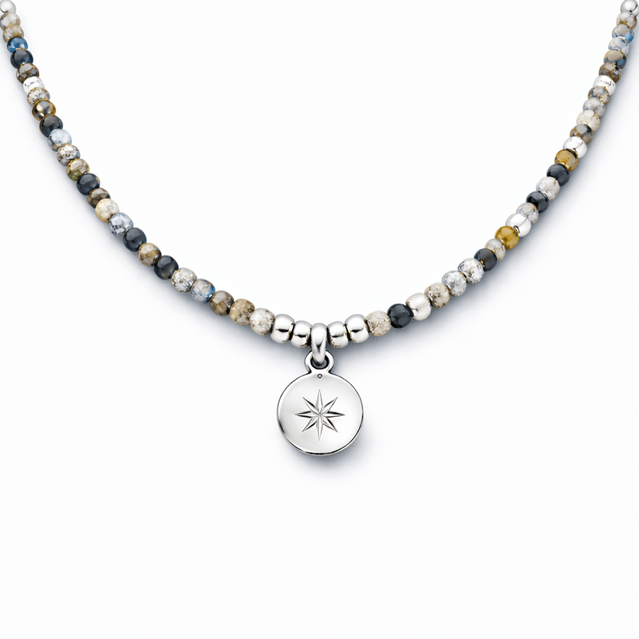 Collier perles femme NO COMPASS, NO RULES – perles de piétersite facettées & pendentif médaille rose des vents zircon en argent 925 – bijoux fait main en argent 925 | Pitch & Néo