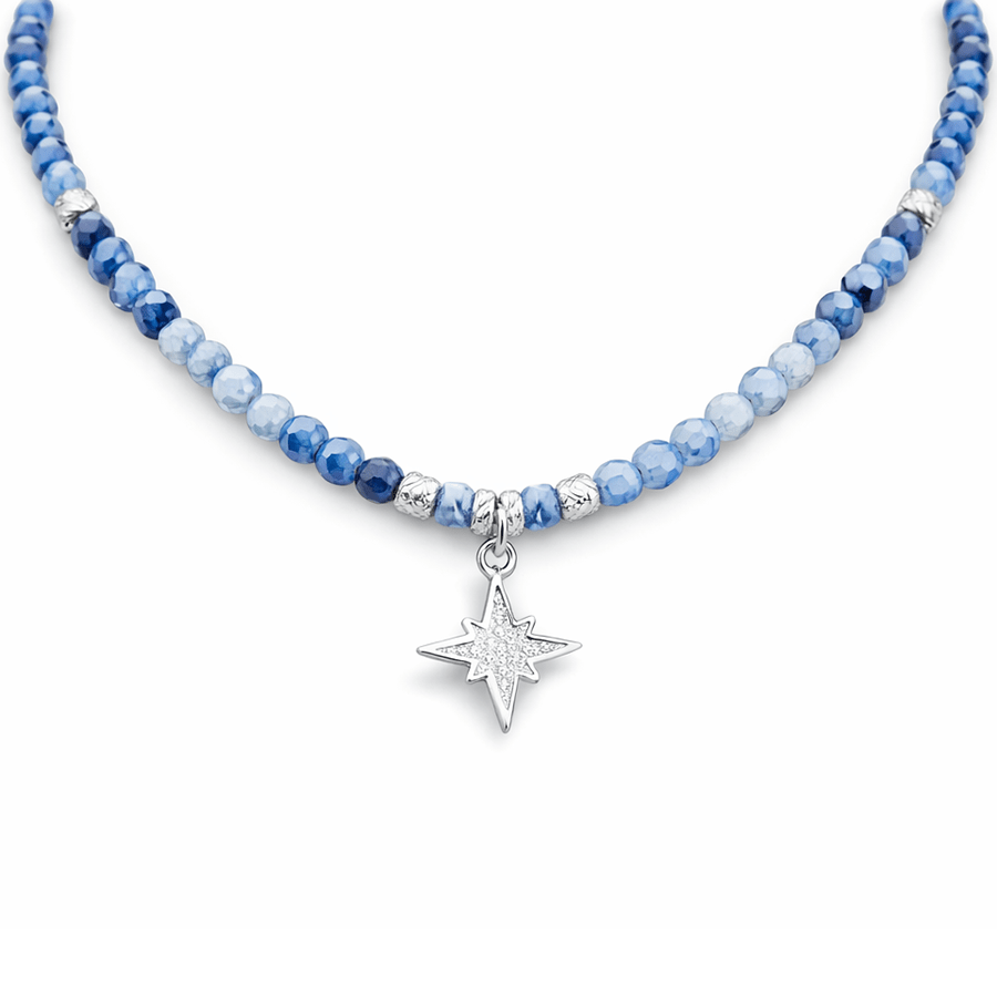 Collier perles femme NORTH LUST – perles de cyanite facettée & pendentif étoile du Nord pavée de zircons en argent 925 – bijoux fait main en argent 925 | Pitch & Néo