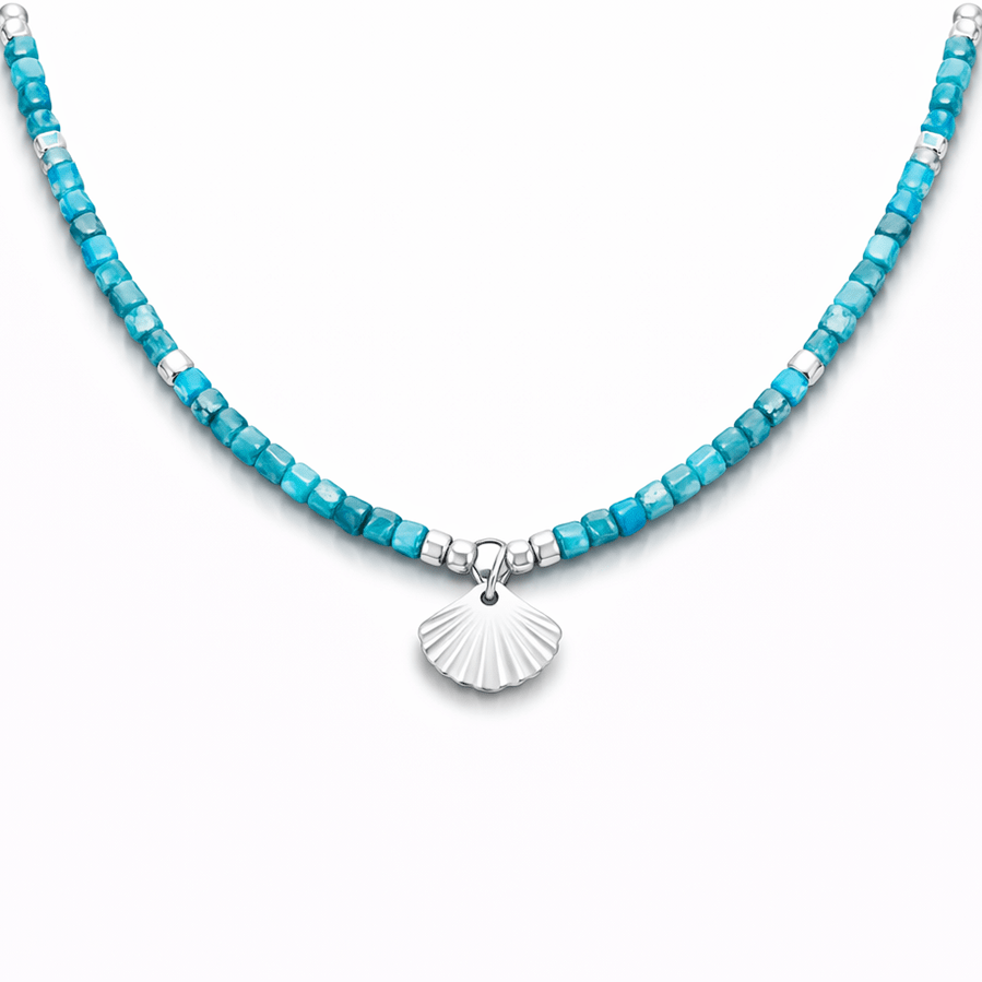 Collier perles femme OCEAN FLIRT – perles carrées en pierre fine d’apatite & pendentif coquillage facetté effet miroir en argent 925 – bijoux fait main en argent 925 | Pitch & Néo