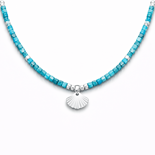 Collier perles femme OCEAN FLIRT – perles carrées en pierre fine d’apatite & pendentif coquillage facetté effet miroir en argent 925 – bijoux fait main en argent 925 | Pitch & Néo