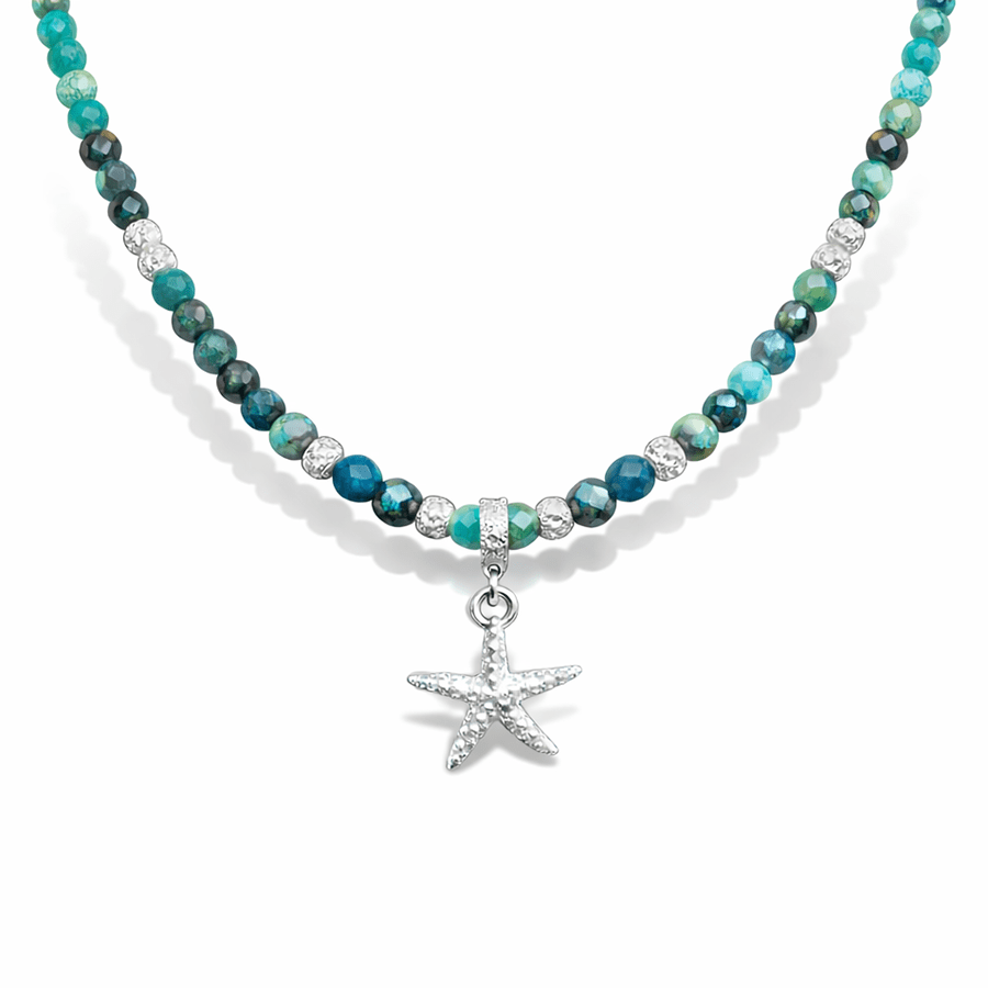 Collier perles femme OCEAN HANGOVER – perles d’azurite facettées, & pendentif étoile de mer oversize en argent 925 – bijoux fait main en argent 925 | Pitch & Néo