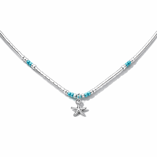 Collier perles femme ONE WAY TO MALIBU – perles liquid silver & perles en pierre fine de turquoise du Nevada avec pendentif étoile de mer en argent 925 – bijoux fait main en argent 925 | Pitch & Néo