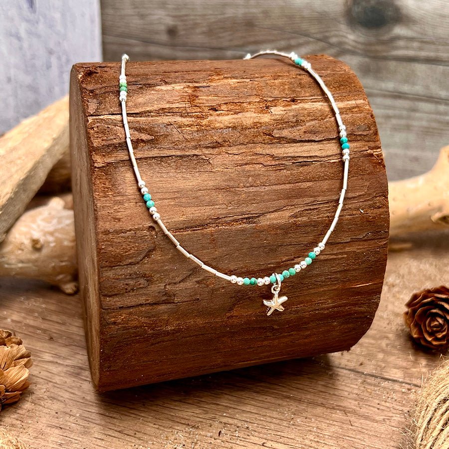 Collier perles femme ONE WAY TO MALIBU – perles liquid silver & perles en pierre fine de turquoise du Nevada avec pendentif étoile de mer en argent 925 – bijoux fait main en argent 925 | Pitch & Néo