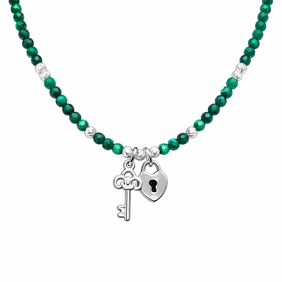 Collier perles femme OPEN IT IF YOU DARE – perles en pierre fine de malachite & pendentifs clé et cadenas cœur en argent 925 – bijoux fait main en argent 925 | Pitch & Néo