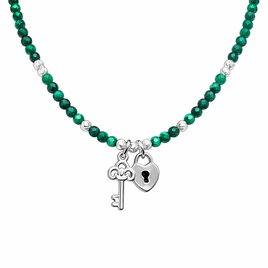 Collier perles femme OPEN IT IF YOU DARE – perles en pierre fine de malachite & pendentifs clé et cadenas cœur en argent 925 – bijoux fait main en argent 925 | Pitch & Néo