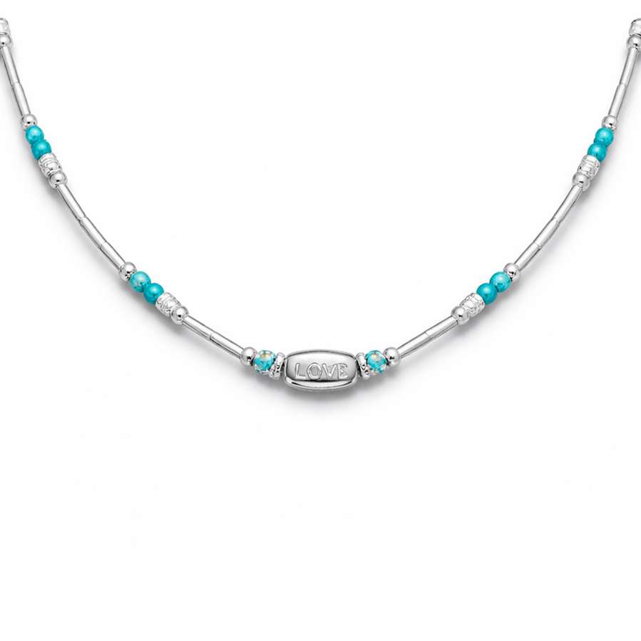 Collier perles femme POOL BOY DON’T TEXT BACK – perles en pierre fine de turquoise naturelle & perles liquid silver avec pendentif LOVE haricot en argent 925 – bijoux fait main en argent 925 | Pitch & Néo