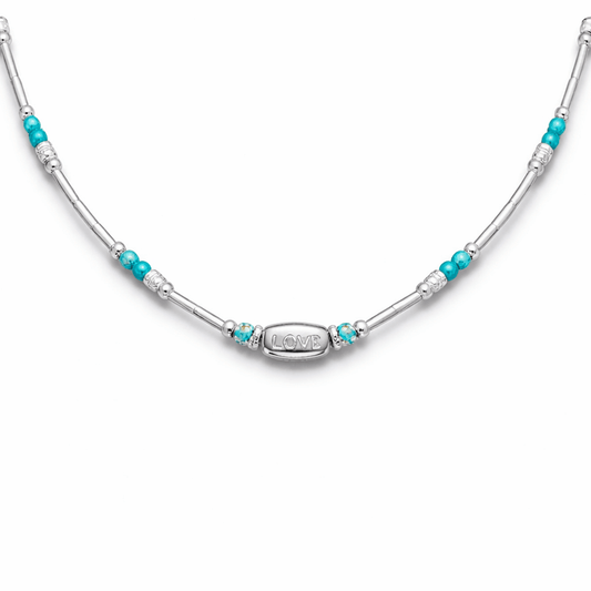 Collier perles femme POOL BOY DON’T TEXT BACK – perles en pierre fine de turquoise naturelle & perles liquid silver avec pendentif LOVE haricot en argent 925 – bijoux fait main en argent 925 | Pitch & Néo