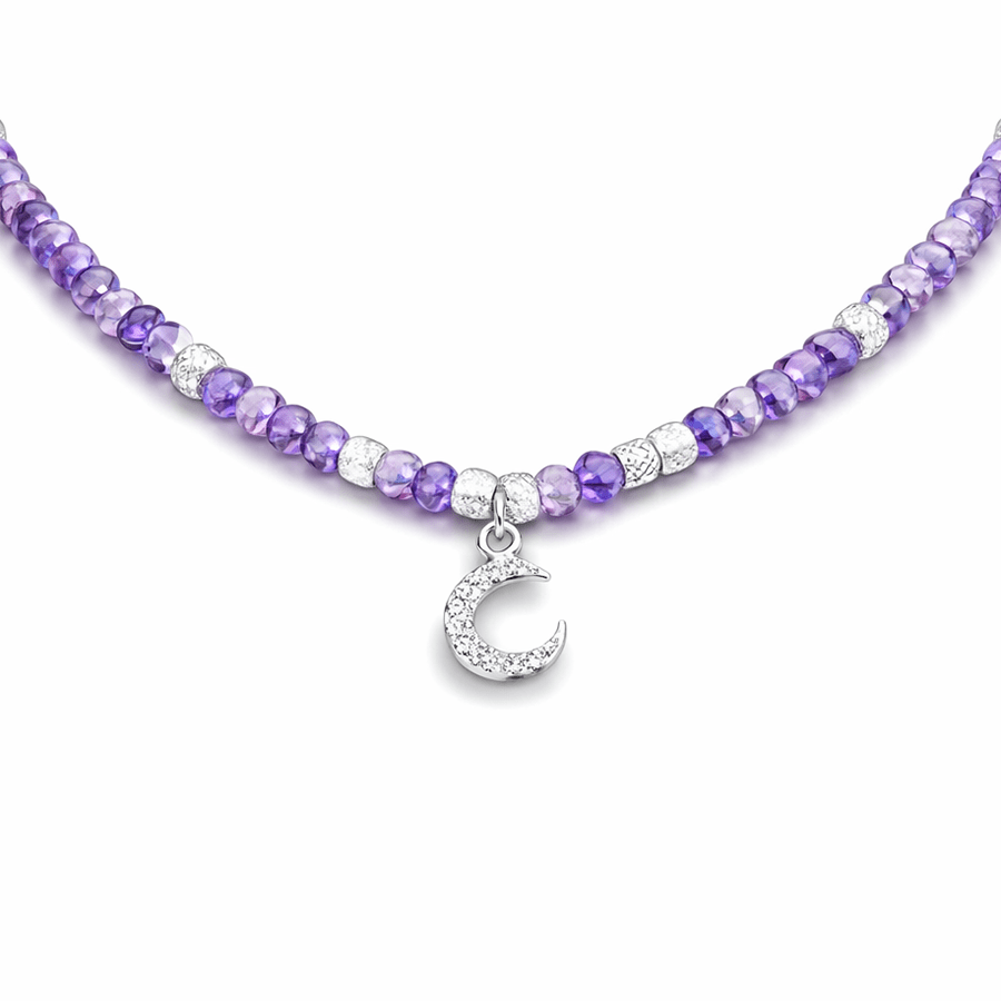 Collier perles femme PURPLE HANGOVER – perles d’améthyste facettées, & pendentif lune zircons violets en argent 925 – bijoux fait main en argent 925 | Pitch & Néo
