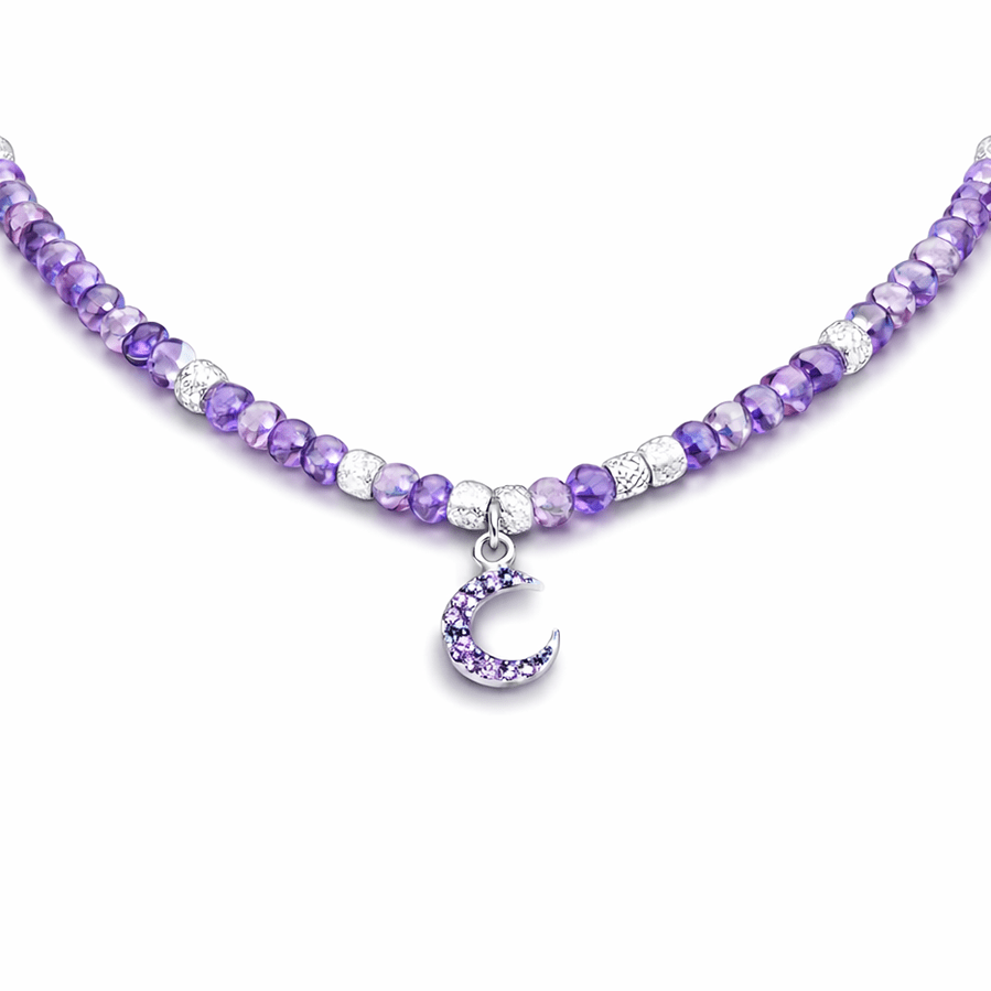 Collier perles femme PURPLE HANGOVER – perles d’améthyste facettées, & pendentif lune zircons violets en argent 925 – bijoux fait main en argent 925 | Pitch & Néo