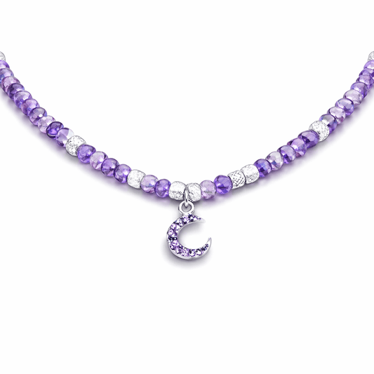 Collier perles femme PURPLE HANGOVER – perles d’améthyste facettées, & pendentif lune zircons violets en argent 925 – bijoux fait main en argent 925 | Pitch & Néo