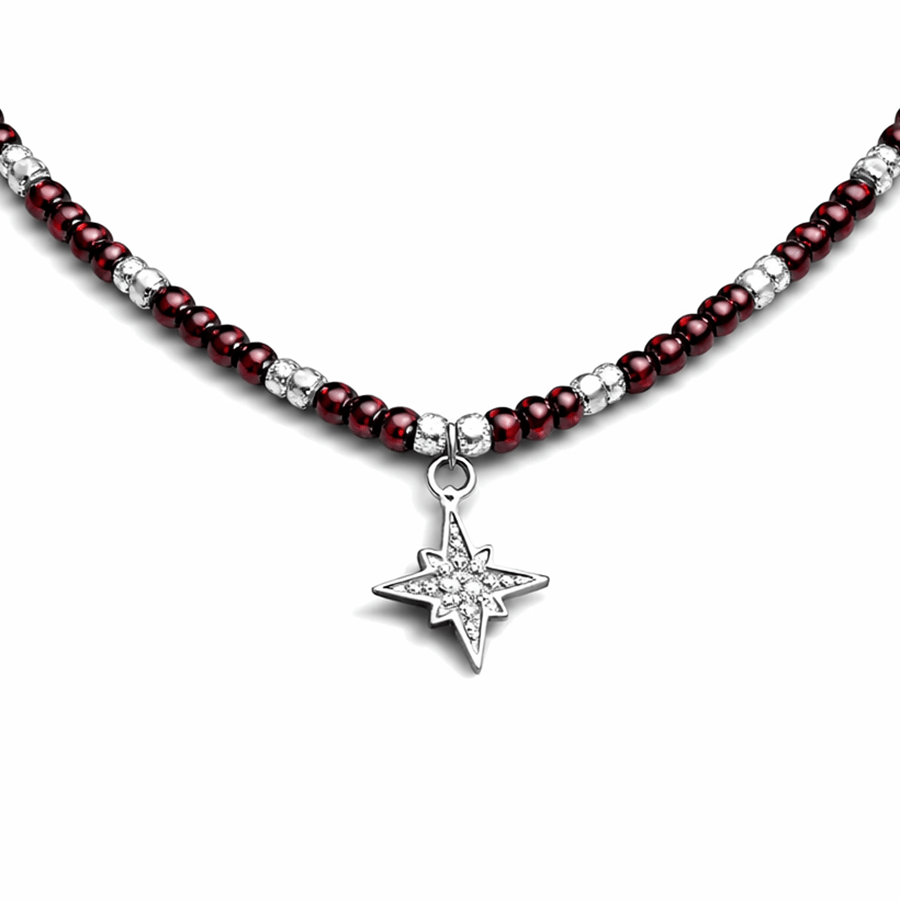 Collier perles femme RED FLAG BABE – perles en pierre fine de grenat, perles diamantées & pendentif étoile du Nord pavée de zircons en argent 925 – bijoux fait main en argent 925 | Pitch & Néo