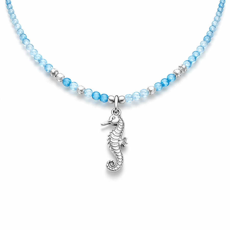 Collier perles femme SEA HORSE CRUSH – perles de cyanite, perles argent 925 et pendentif hippocampe en argent 925 – bijoux fait main en argent 925 | Pitch & Néo