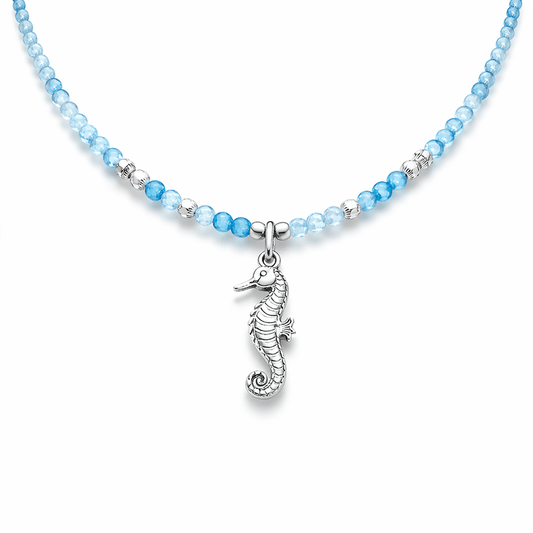 Collier perles femme SEA HORSE CRUSH – perles de cyanite, perles argent 925 et pendentif hippocampe en argent 925 – bijoux fait main en argent 925 | Pitch & Néo