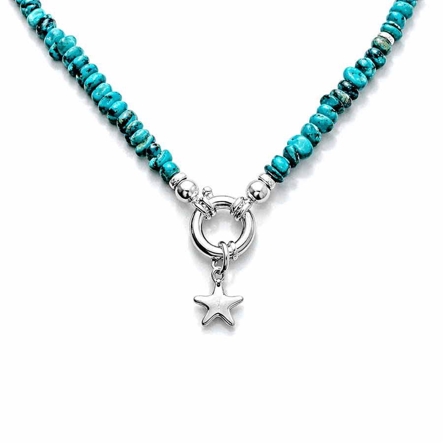 Collier perles femme SEA ME SHINE, BABY – perles chips de turquoise du Nevada & pendentif étoile de mer miroir, fermoir bouée et argent 925 – bijoux fait main en argent 925 | Pitch & Néo