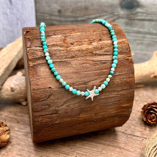 Collier perles femme SHELL ME BABY ONE MORE TIME – perles de turquoise naturelle & pendentif étoile de mer et argent 925 – bijoux fait main en argent 925 | Pitch & Néo