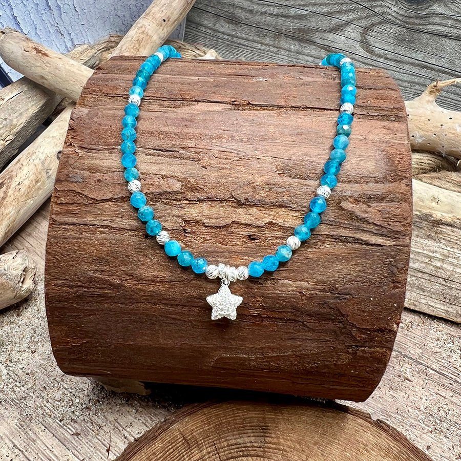 Collier perles femme STAR POWER, SWEETHEART – perles d’apatite facettées, & pendentif étoile bombée pavée de zircon en argent 925 – bijoux fait main en argent 925 | Pitch & Néo