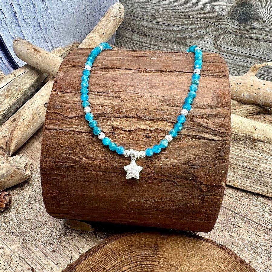 Collier perles femme STAR POWER, SWEETHEART – perles d’apatite facettées, & pendentif étoile bombée pavée de zircon en argent 925 – bijoux fait main en argent 925 | Pitch & Néo