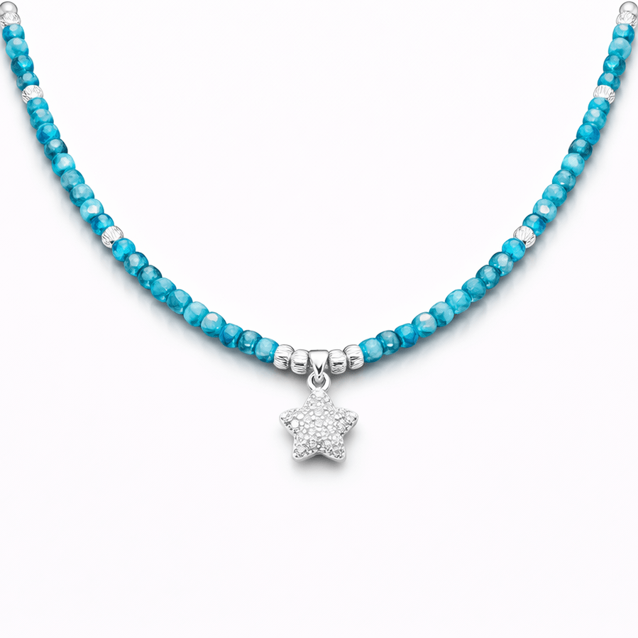 Collier perles femme STAR POWER, SWEETHEART – perles d’apatite facettées, & pendentif étoile bombée pavée de zircon en argent 925 – bijoux fait main en argent 925 | Pitch & Néo