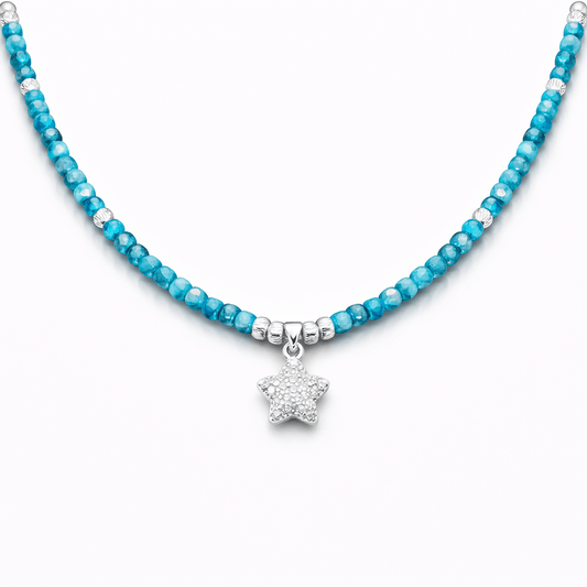 Collier perles femme STAR POWER, SWEETHEART – perles d’apatite facettées, & pendentif étoile bombée pavée de zircon en argent 925 – bijoux fait main en argent 925 | Pitch & Néo