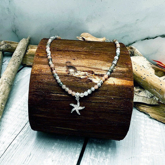 Collier perles femme STARFISH LOVER – perles de soleil 3 mm, pendentif étoile de mer zircon et argent 925 – bijoux fait main en argent 925 | Pitch & Néo
