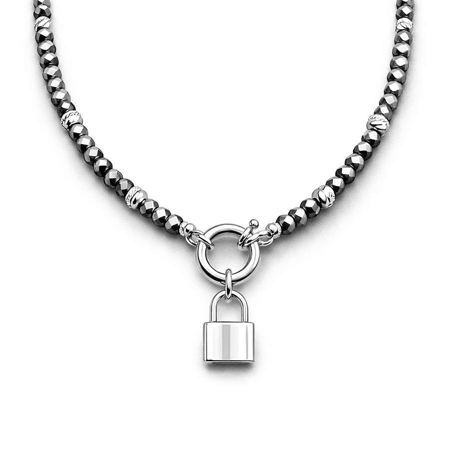 Collier perles femme STEEL LOVE – perles de térahertz japonais, & fermoir bouée oversize et cadenas massif en argent 925 – bijoux fait main en argent 925 | Pitch & Néo