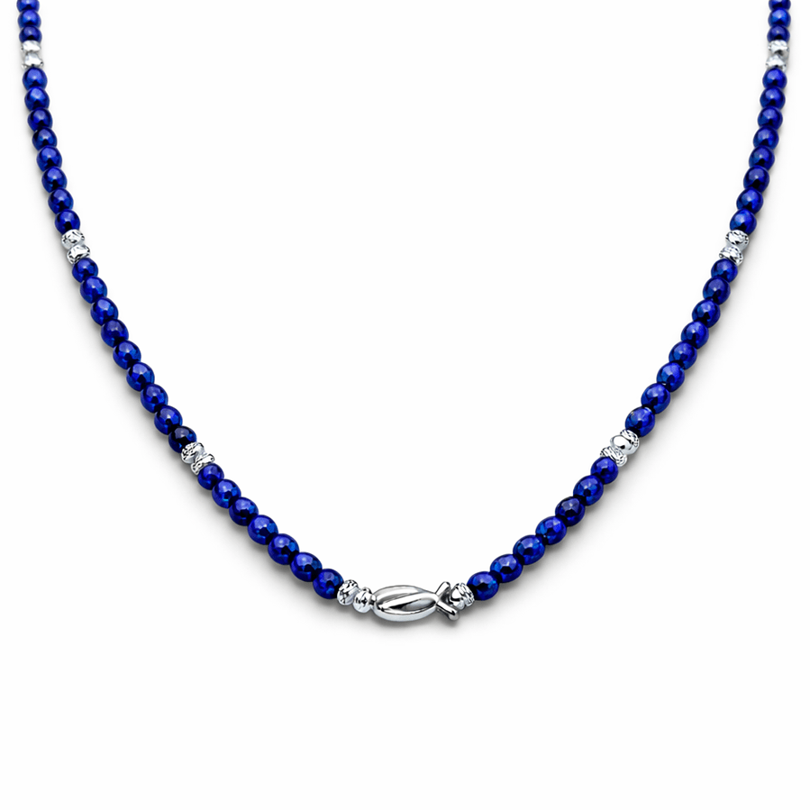 Collier perles femme SWIM YOUR WAY, BOSS! – perles de lapis - lazuli facettées, perles facettées scintillantes & pendentif poisson miroir en argent 925 – bijoux fait main en argent 925 | Pitch & Néo