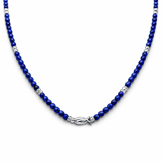 Collier perles femme SWIM YOUR WAY, BOSS! – perles de lapis - lazuli facettées, perles facettées scintillantes & pendentif poisson miroir en argent 925 – bijoux fait main en argent 925 | Pitch & Néo