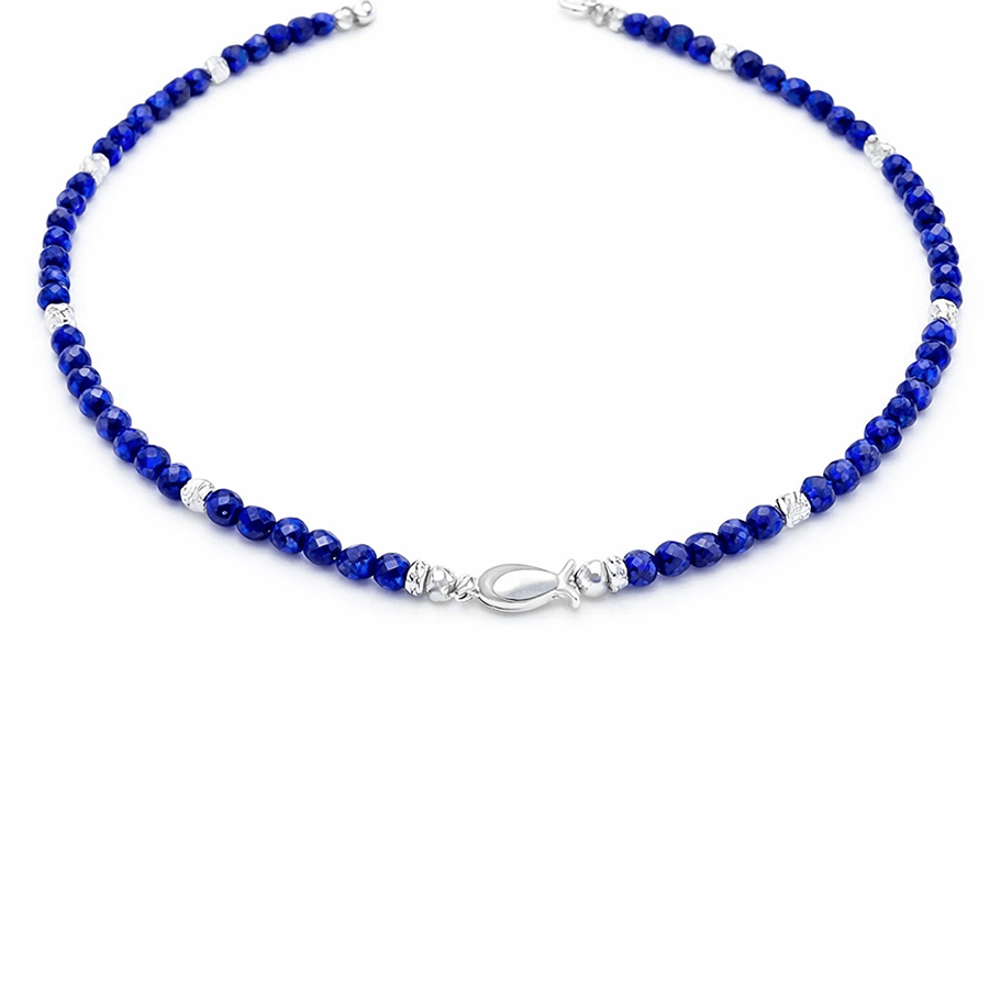 Collier perles femme SWIM YOUR WAY, BOSS! – perles de lapis - lazuli facettées, perles facettées scintillantes & pendentif poisson miroir en argent 925 – bijoux fait main en argent 925 | Pitch & Néo