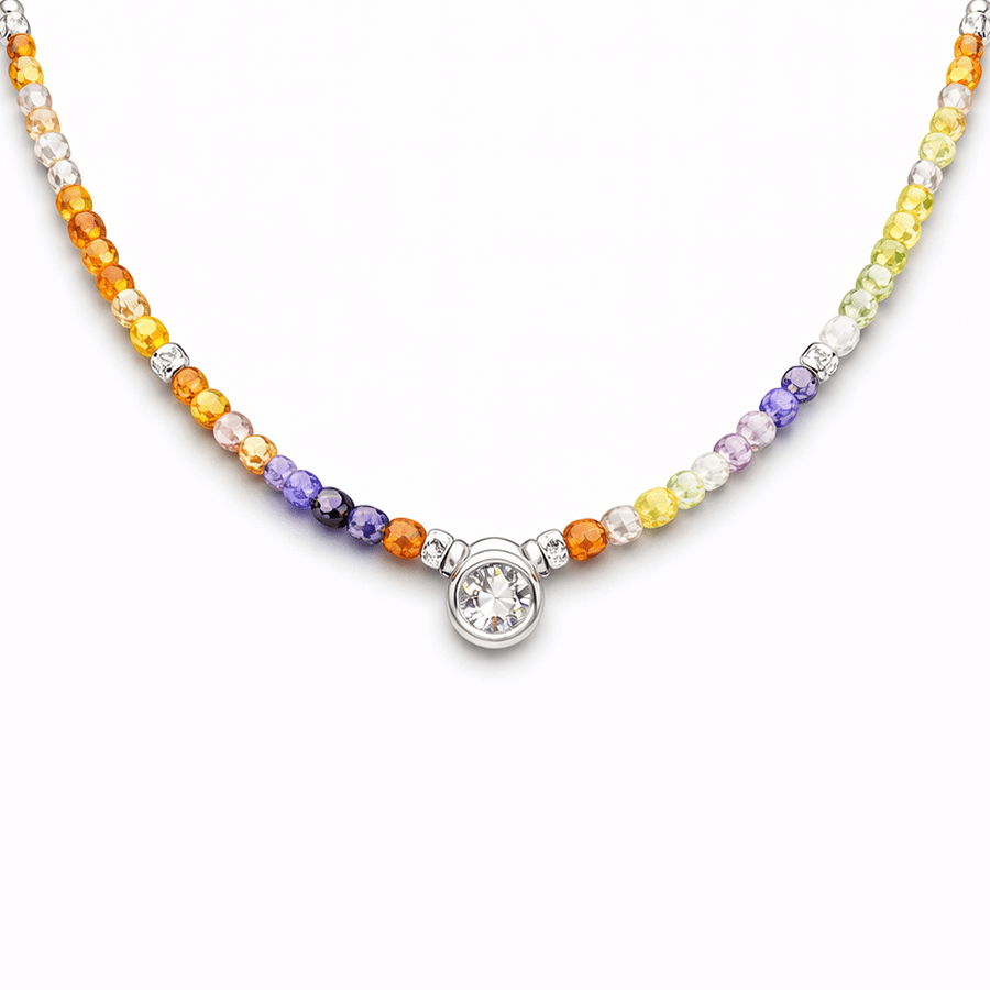 Collier perles femme TASTE ME LATER – perles de zircons multicolores & pendentif solitaire zircon façon diamant en argent 925 – bijoux fait main en argent 925 | Pitch & Néo