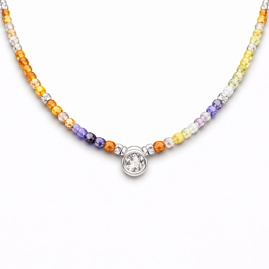 Collier perles femme TASTE ME LATER – perles de zircons multicolores & pendentif solitaire zircon façon diamant en argent 925 – bijoux fait main en argent 925 | Pitch & Néo