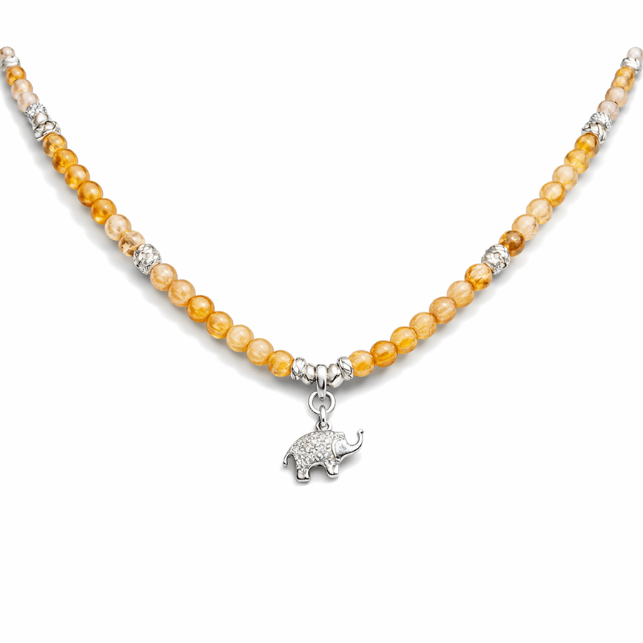 Collier perles femme WALK MY WAY – perles d’aventurine orange facettées & pendentif éléphant pavé de zircons en argent 925 – bijoux fait main en argent 925 | Pitch & Néo