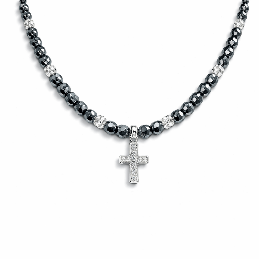 Collier perles femme YOU WISH, DARLING. – perles en pierre fine de térahertz japonais & pendentif croix pavée de zircons en argent 925 – bijoux fait main en argent 925 | Pitch & Néo