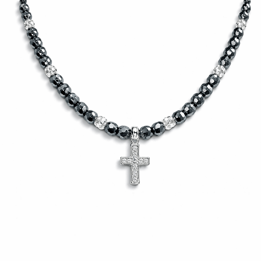 Collier perles femme YOU WISH, DARLING. – perles en pierre fine de térahertz japonais & pendentif croix pavée de zircons en argent 925 – bijoux fait main en argent 925 | Pitch & Néo