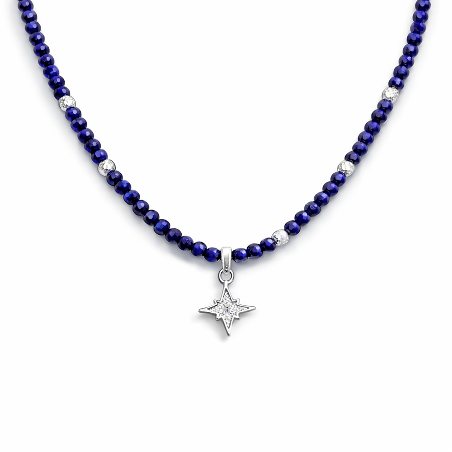 Collier perles lapis - lazuli facettées femme pendentif étoile du Nord zircon argent 925 MAKE IT BLUE, BABE – bijoux fait main en argent 925 | Pitch & Néo