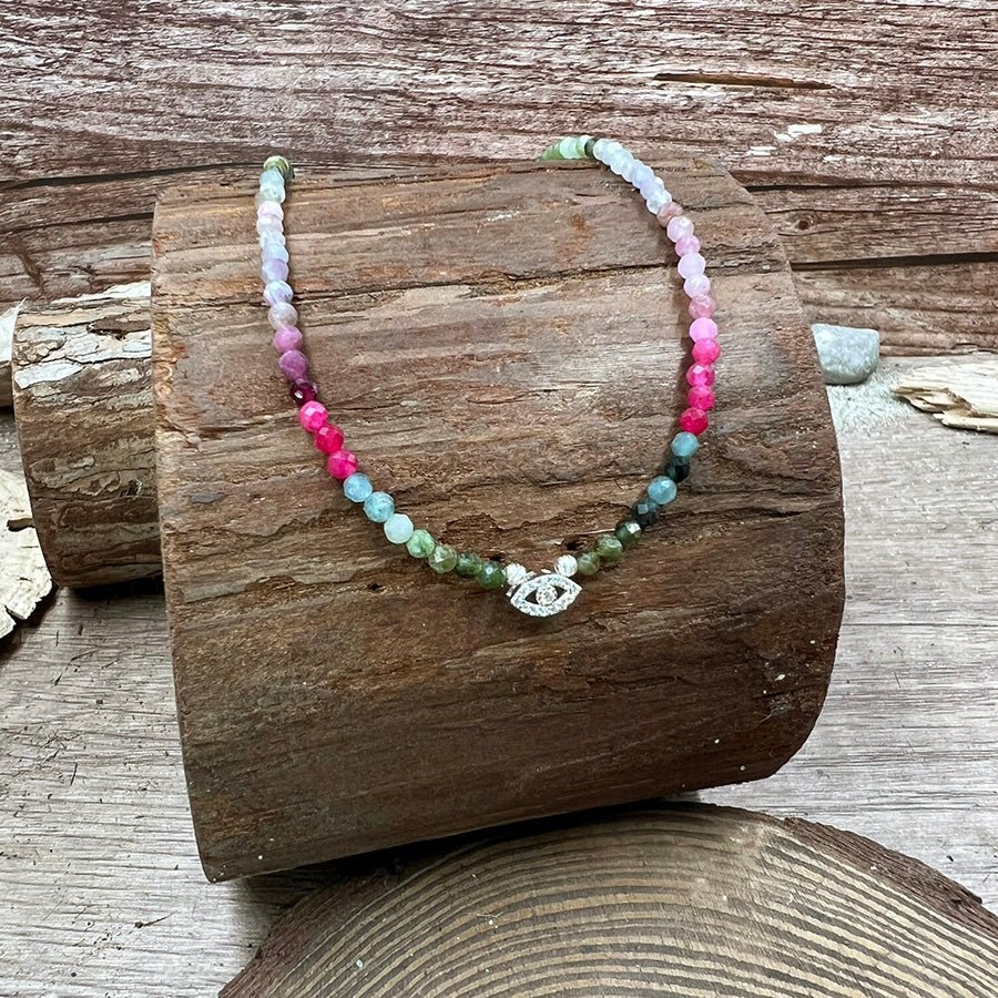 Collier perles tourmaline multicolore dégradée femme pendentif œil zircon argent 925 BLUSH & BAD IDEAS – bijoux fait main en argent 925 | Pitch & Néo