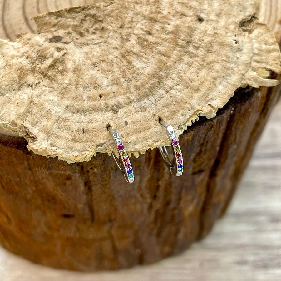 Créoles femme LICK MY RAINBOW – créoles 13 mm pavées de zircons multicolores, argent 925 – bijoux fait main en argent 925 | Pitch & Néo